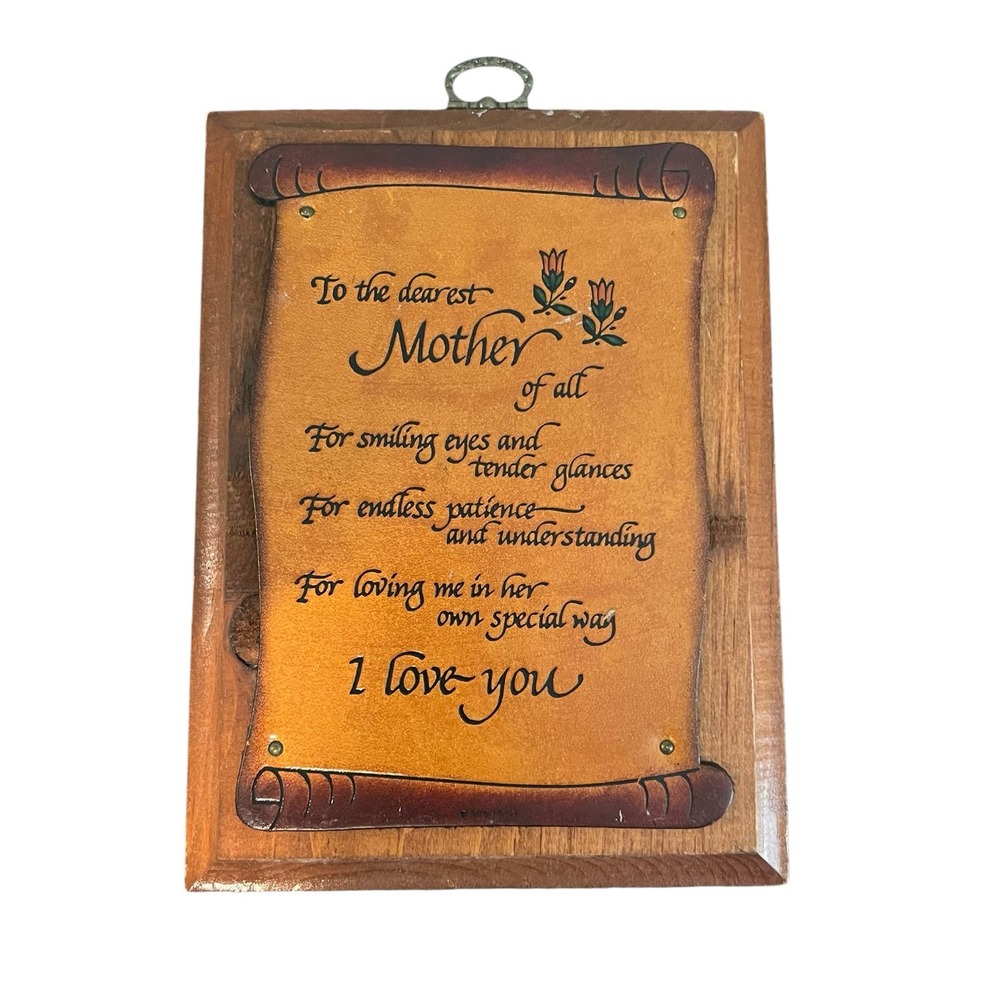 Vintage 1970s wood leather tooled embossed Mother’s Day poem flowers scroll